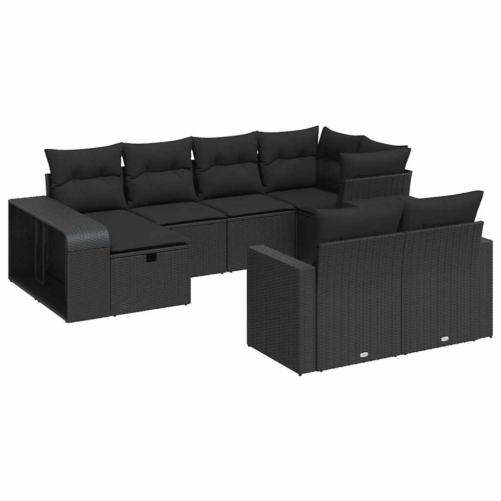 10-tlg. Garten-Sofagarnitur mit Kissen Schwarz Poly Rattan