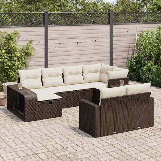 10-tlg. Garten-Sofagarnitur mit Kissen Braun Poly Rattan