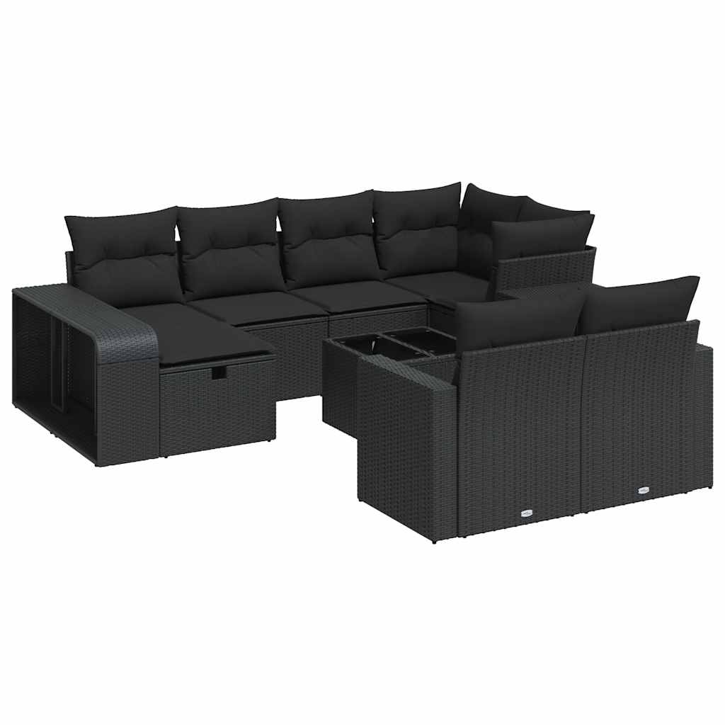 11-tlg. Garten-Sofagarnitur mit Kissen Schwarz Poly Rattan