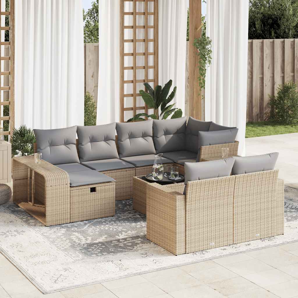 11-tlg. Garten-Sofagarnitur mit Kissen Beige Poly Rattan