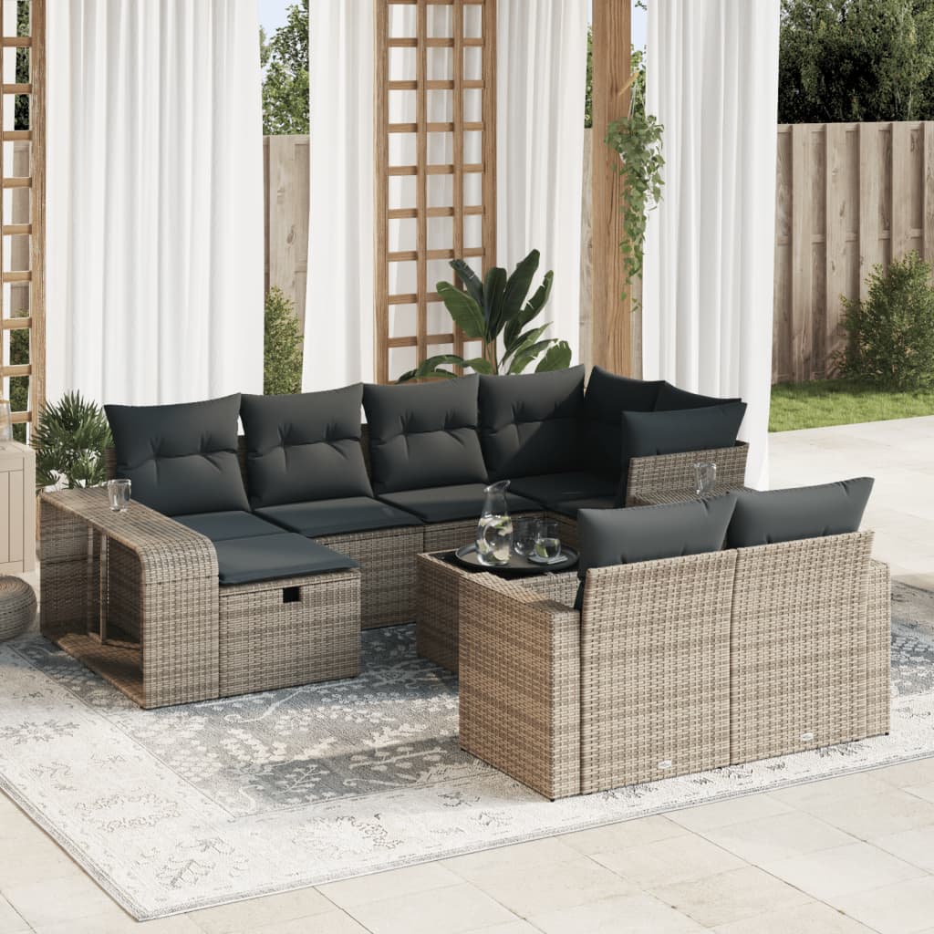 11-tlg. Garten-Sofagarnitur mit Kissen Grau Poly Rattan