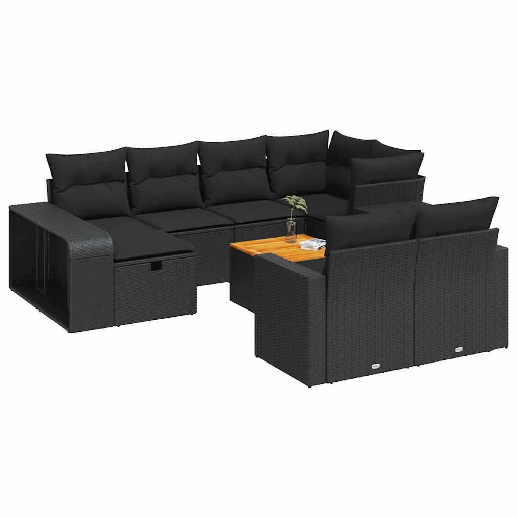 11-tlg. Garten-Sofagarnitur mit Kissen Schwarz Poly Rattan