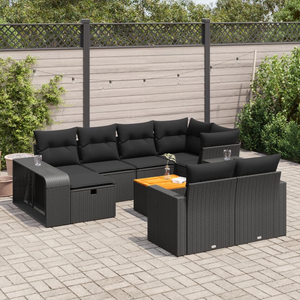 11-tlg. Garten-Sofagarnitur mit Kissen Schwarz Poly Rattan