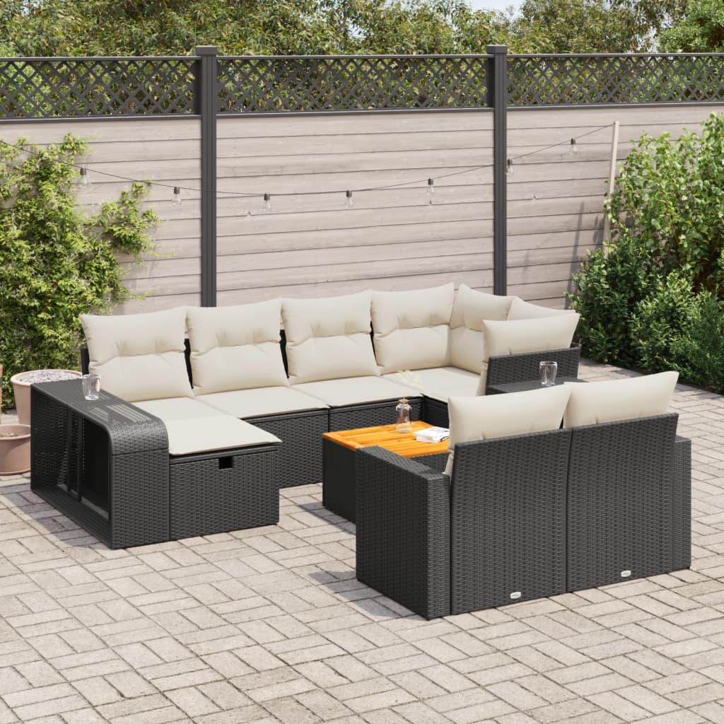 11-tlg. Garten-Sofagarnitur mit Kissen Schwarz Poly Rattan