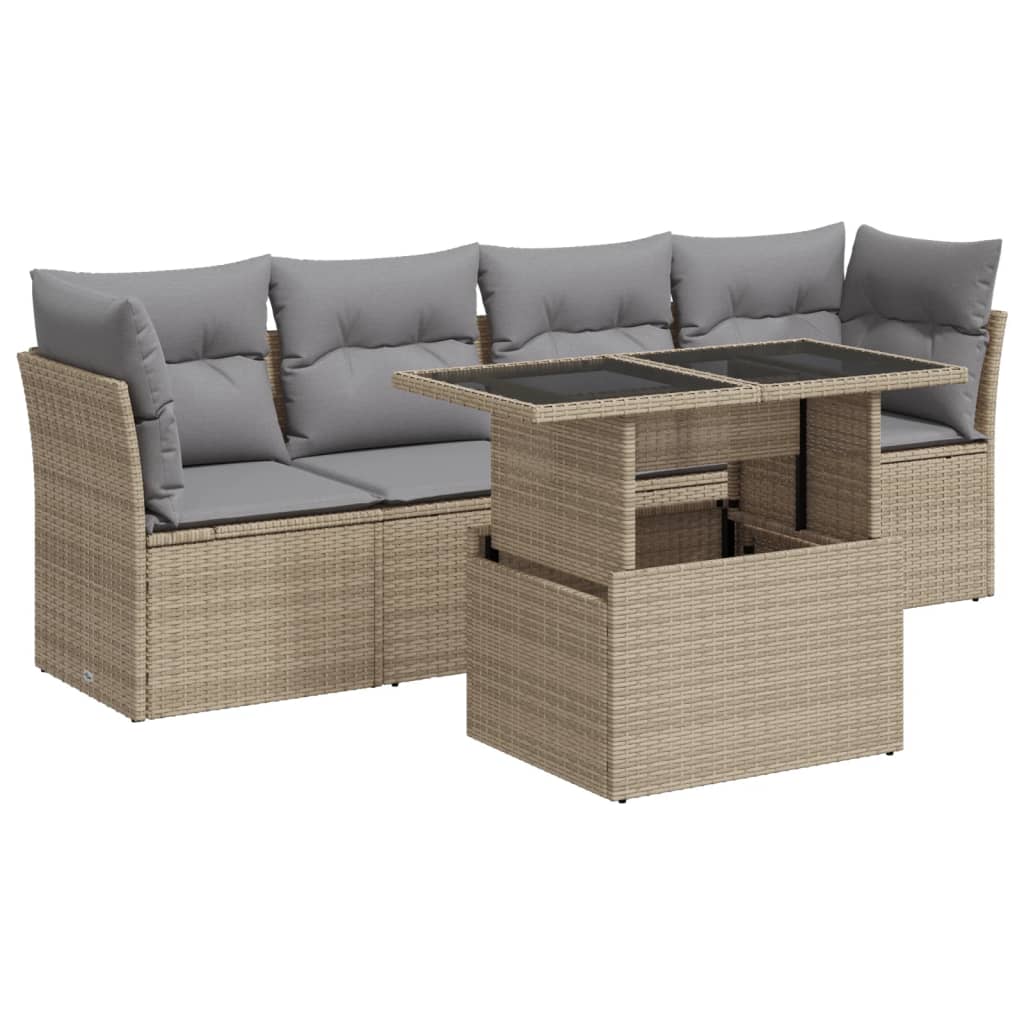 5-tlg. Garten-Sofagarnitur mit Kissen Beige Poly Rattan