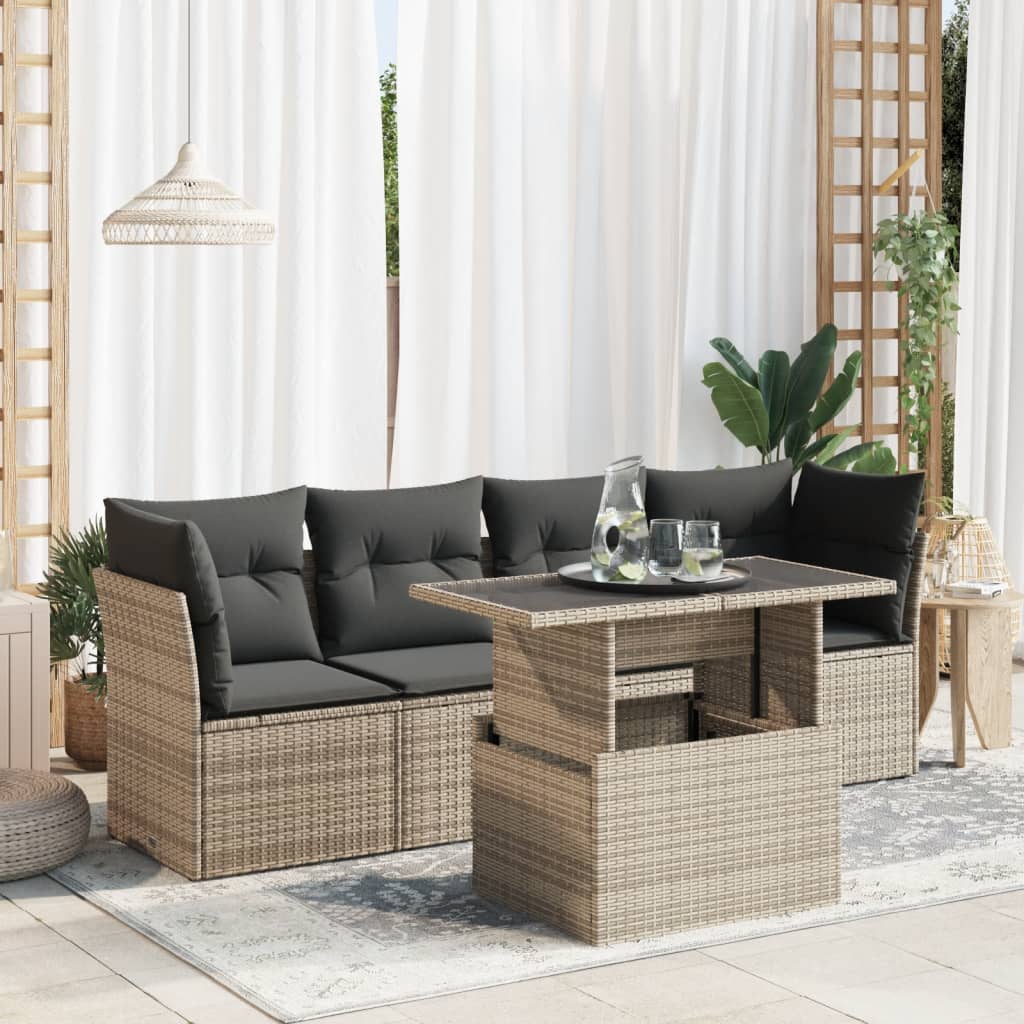 5-tlg. Garten-Sofagarnitur mit Kissen Grau Poly Rattan