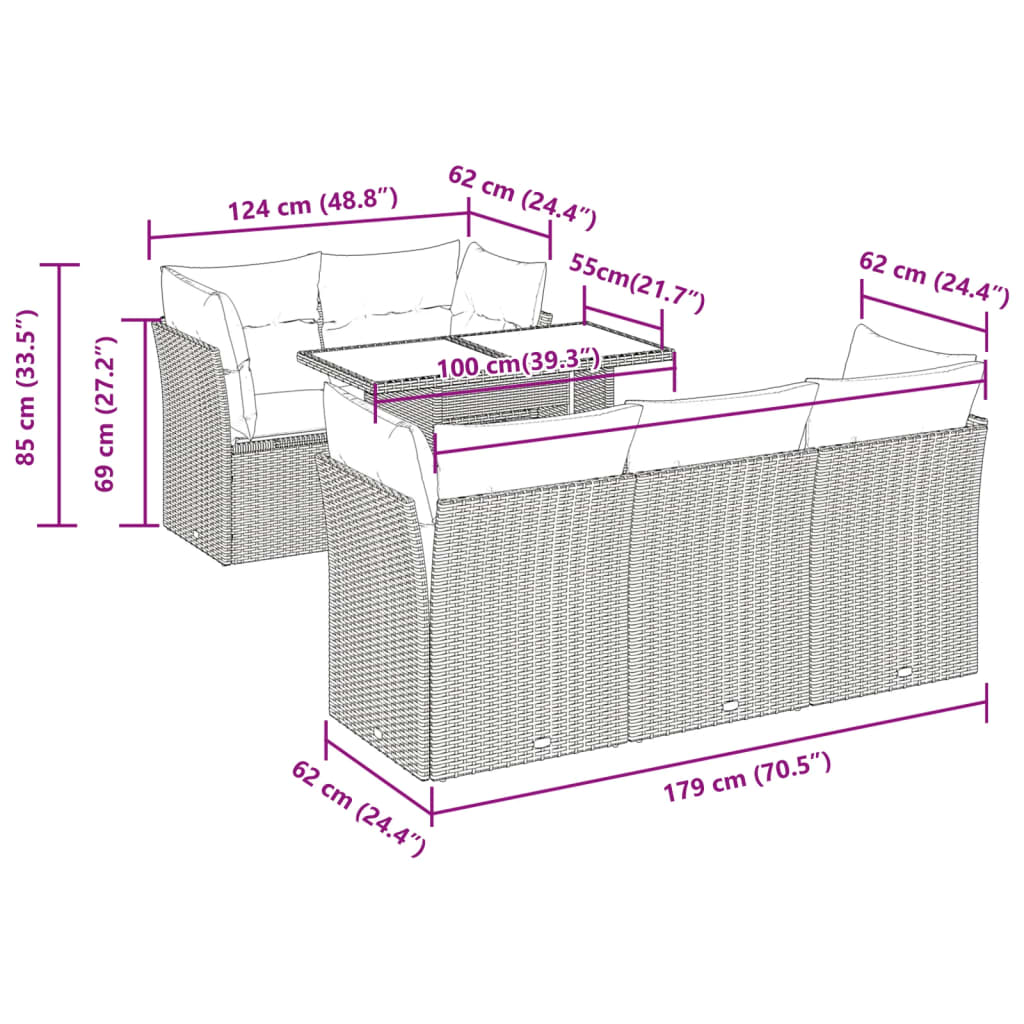 6-tlg. Garten-Sofagarnitur mit Kissen Grau Poly Rattan