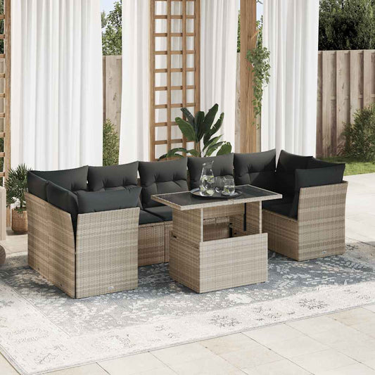 8-tlg. Garten-Sofagarnitur mit Kissen Hellgrau Poly Rattan