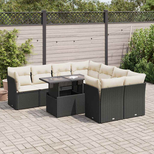 9-tlg. Garten-Sofagarnitur mit Kissen Schwarz Poly Rattan