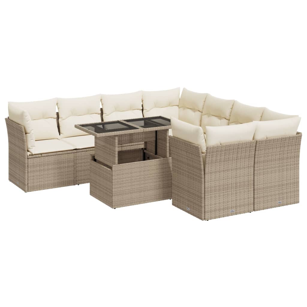 9-tlg. Garten-Sofagarnitur mit Kissen Beige Poly Rattan