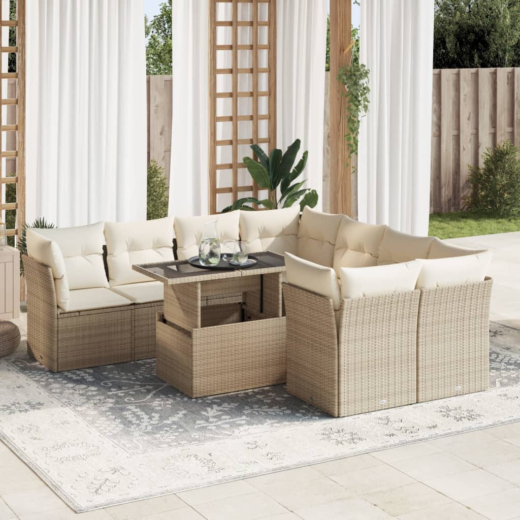 9-tlg. Garten-Sofagarnitur mit Kissen Beige Poly Rattan