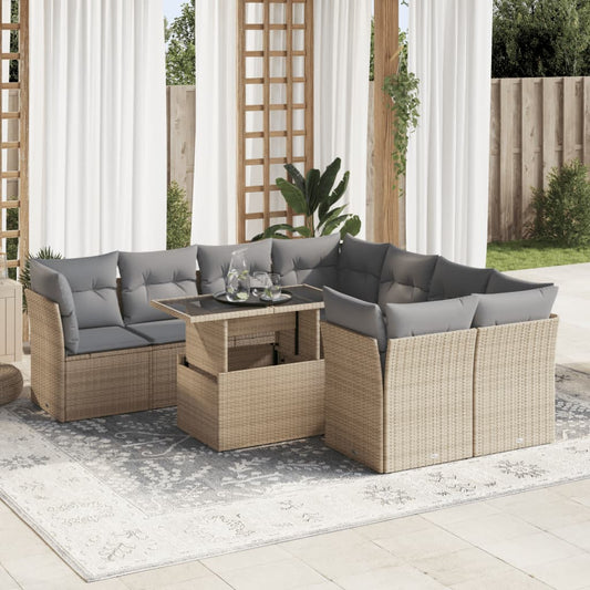 9-tlg. Garten-Sofagarnitur mit Kissen Beige Poly Rattan