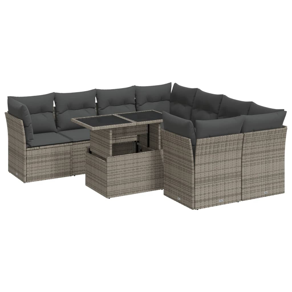 9-tlg. Garten-Sofagarnitur mit Kissen Grau Poly Rattan