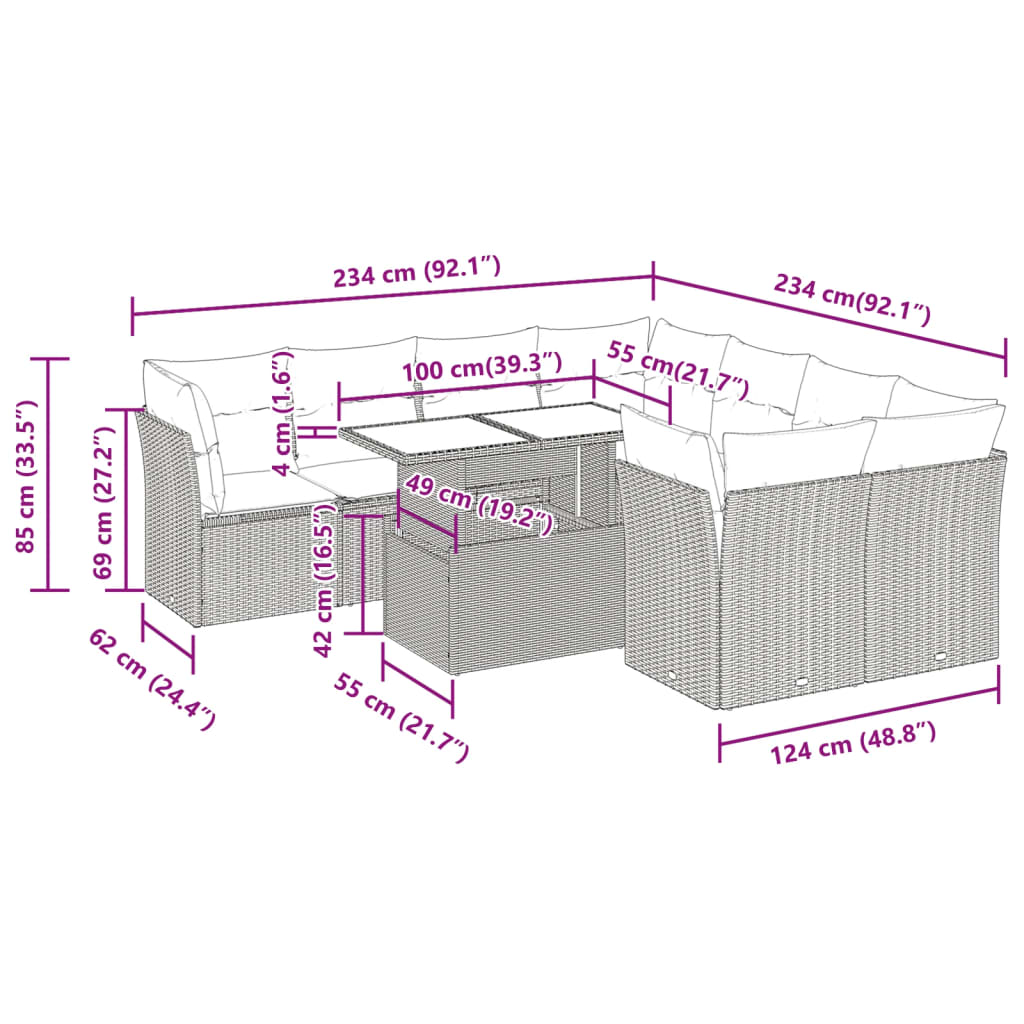 9-tlg. Garten-Sofagarnitur mit Kissen Grau Poly Rattan