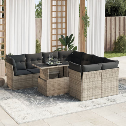 9-tlg. Garten-Sofagarnitur mit Kissen Grau Poly Rattan