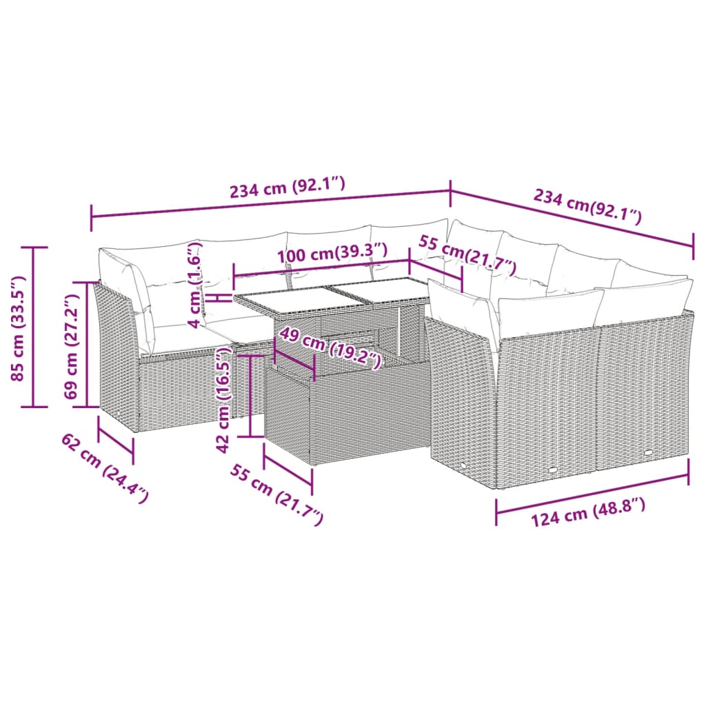 9-tlg. Garten-Sofagarnitur mit Kissen Braun Poly Rattan