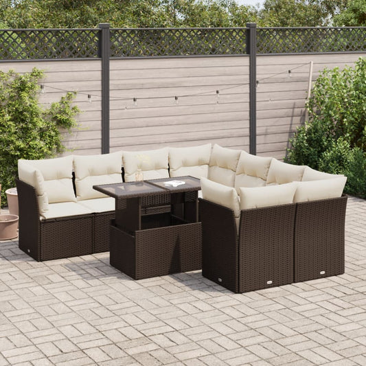 9-tlg. Garten-Sofagarnitur mit Kissen Braun Poly Rattan