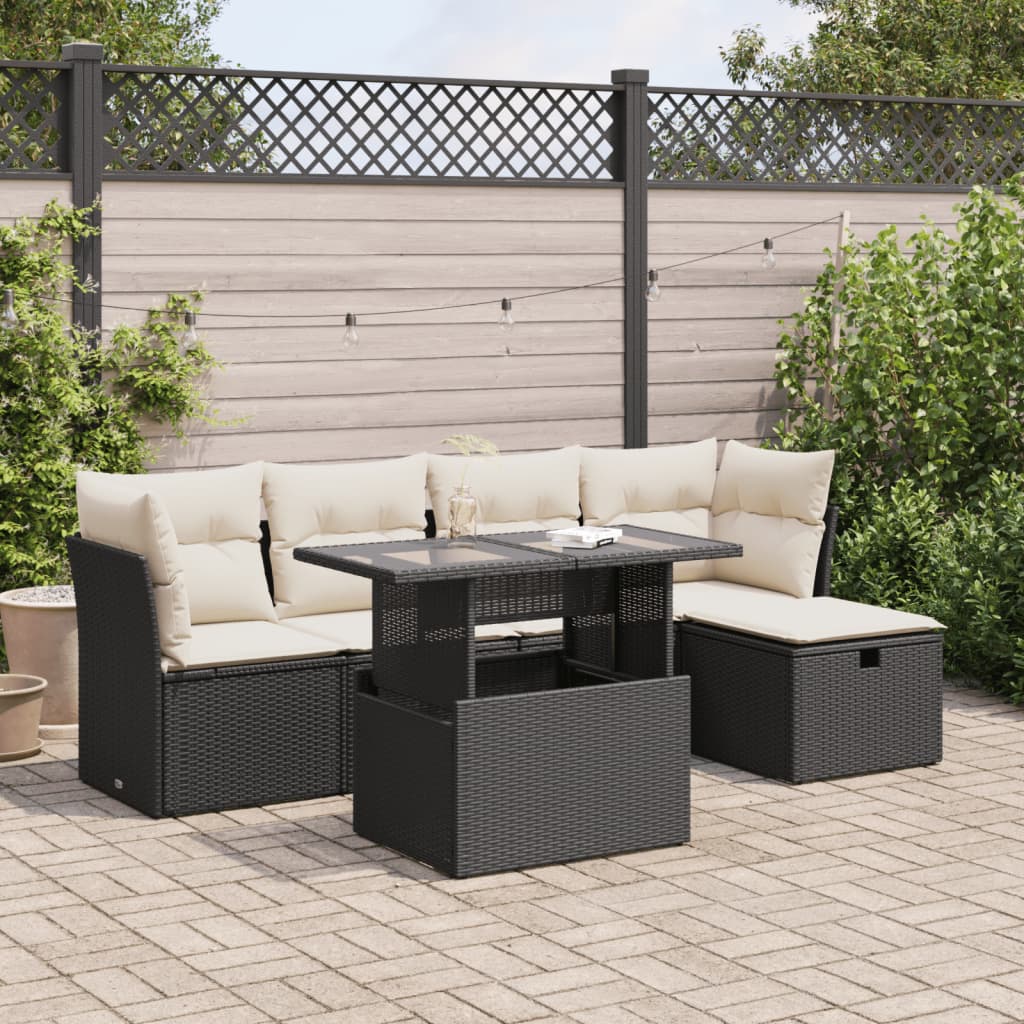 6-tlg. Garten-Sofagarnitur mit Kissen Schwarz Poly Rattan