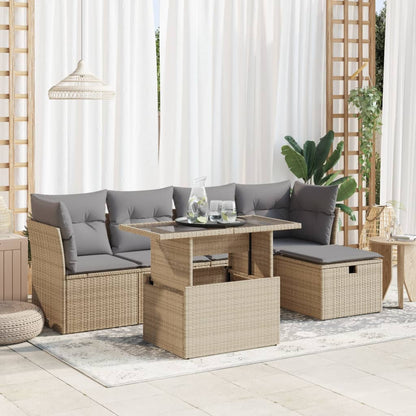 6-tlg. Garten-Sofagarnitur mit Kissen Beige Poly Rattan