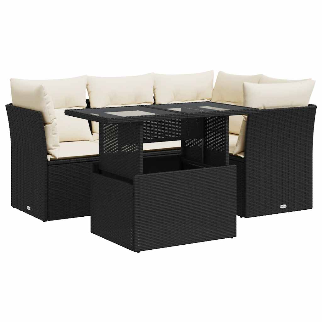 5-tlg. Garten-Sofagarnitur mit Kissen Schwarz Poly Rattan