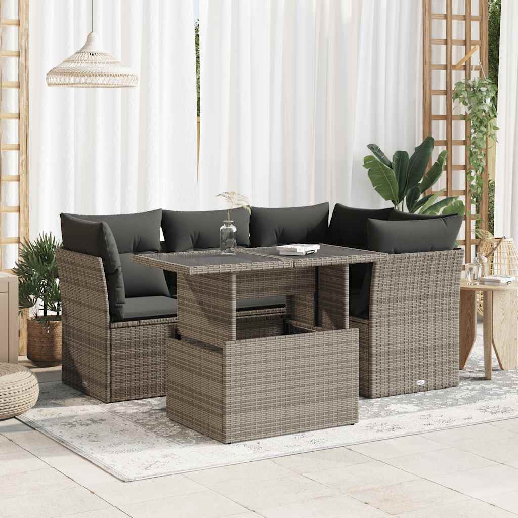 5-tlg. Garten-Sofagarnitur mit Kissen Grau Poly Rattan