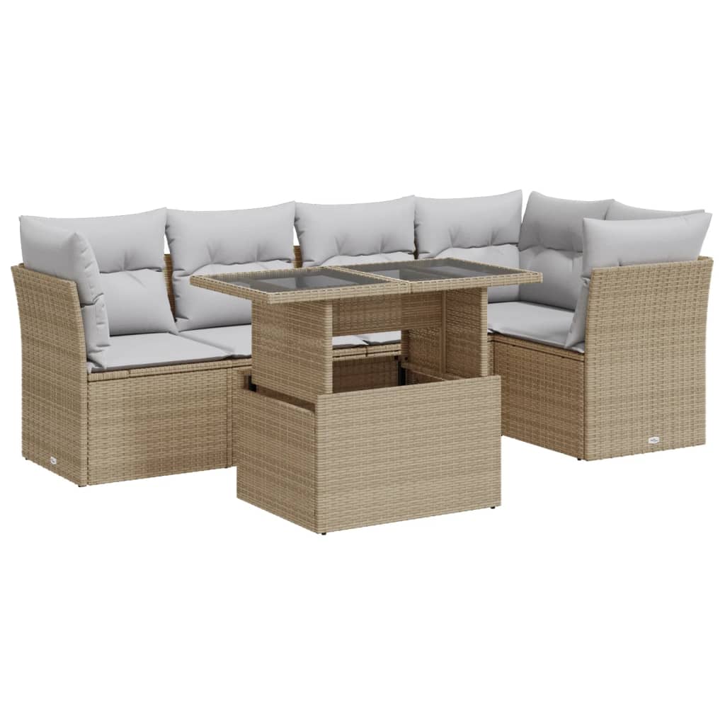 6-tlg. Garten-Sofagarnitur mit Kissen Beige Poly Rattan