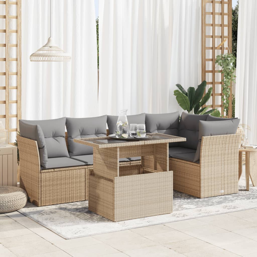 6-tlg. Garten-Sofagarnitur mit Kissen Beige Poly Rattan