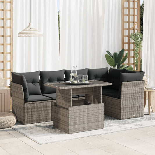 6-tlg. Garten-Sofagarnitur mit Kissen Grau Poly Rattan