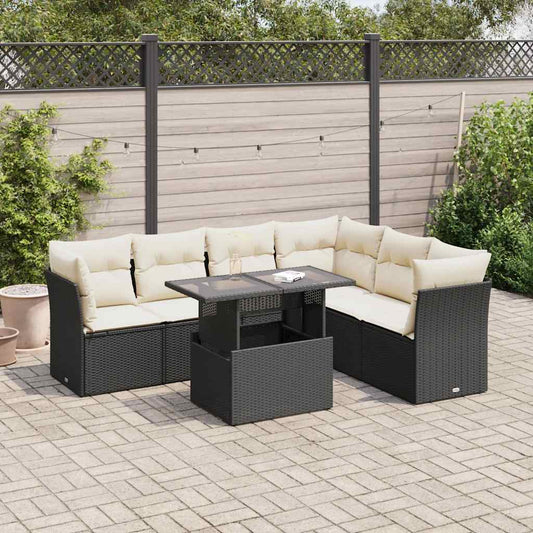 7-tlg. Garten-Sofagarnitur mit Kissen Schwarz Poly Rattan