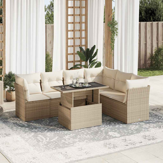 7-tlg. Garten-Sofagarnitur mit Kissen Beige Poly Rattan