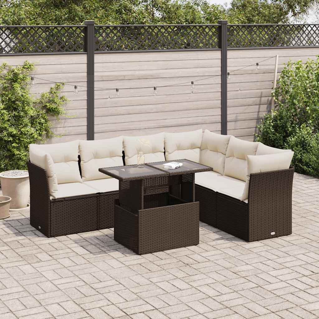 7-tlg. Garten-Sofagarnitur mit Kissen Braun Poly Rattan