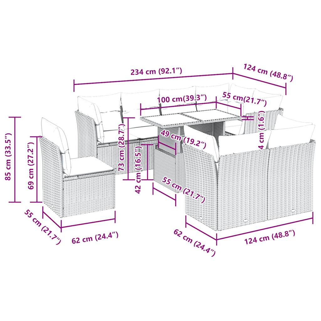 9-tlg. Garten-Sofagarnitur mit Kissen Beige Poly Rattan