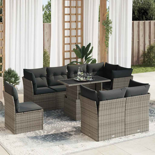 9-tlg. Garten-Sofagarnitur mit Kissen Grau Poly Rattan