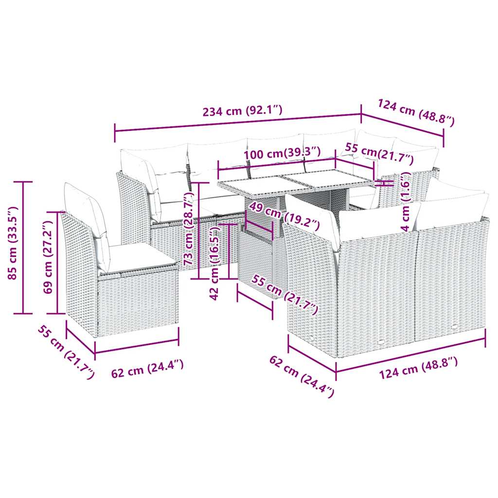 9-tlg. Garten-Sofagarnitur mit Kissen Braun Poly Rattan