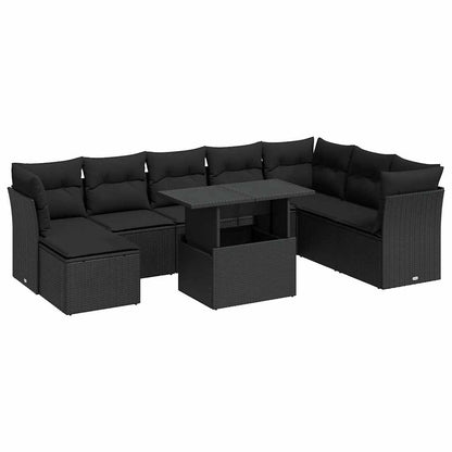 9-tlg. Garten-Sofagarnitur mit Kissen Schwarz Poly Rattan