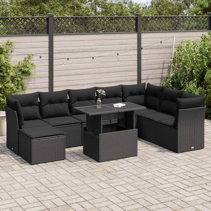 9-tlg. Garten-Sofagarnitur mit Kissen Schwarz Poly Rattan