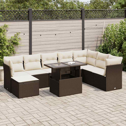 9-tlg. Garten-Sofagarnitur mit Kissen Braun Poly Rattan