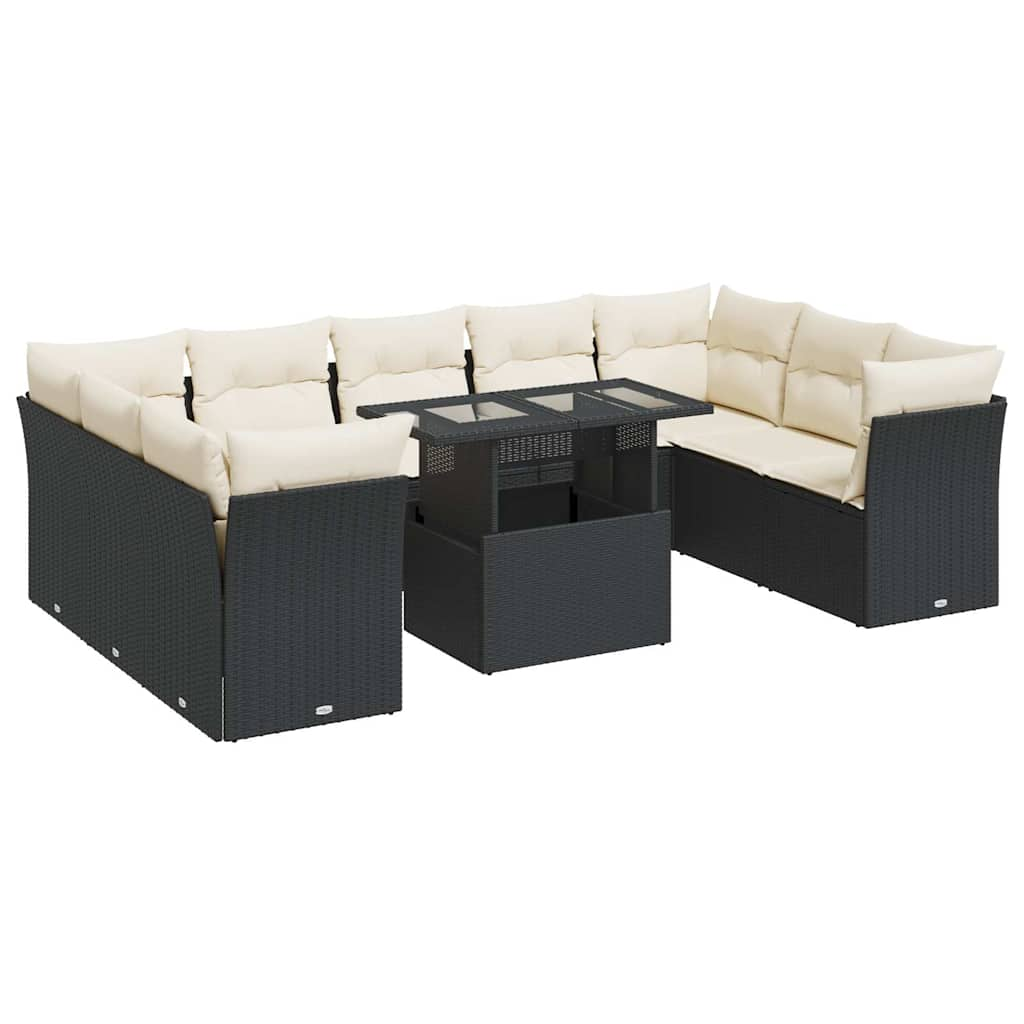 10-tlg. Garten-Sofagarnitur mit Kissen Schwarz Poly Rattan