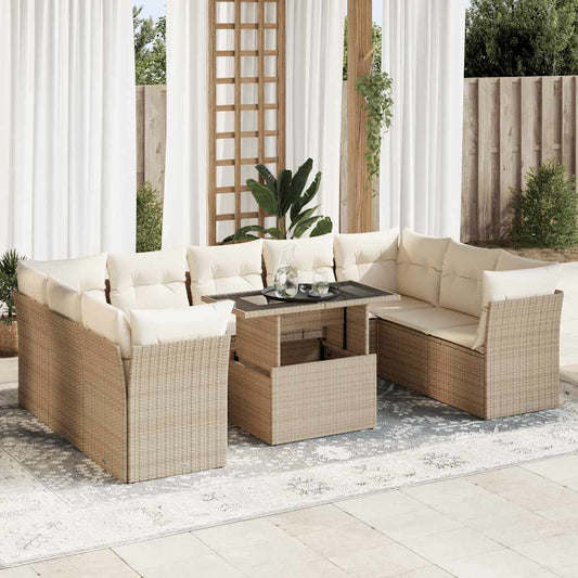 10-tlg. Garten-Sofagarnitur mit Kissen Beige Poly Rattan