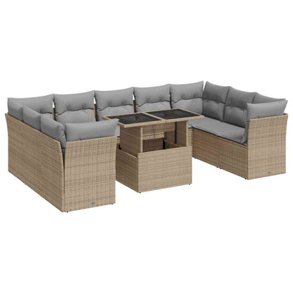 10-tlg. Garten-Sofagarnitur mit Kissen Beige Poly Rattan