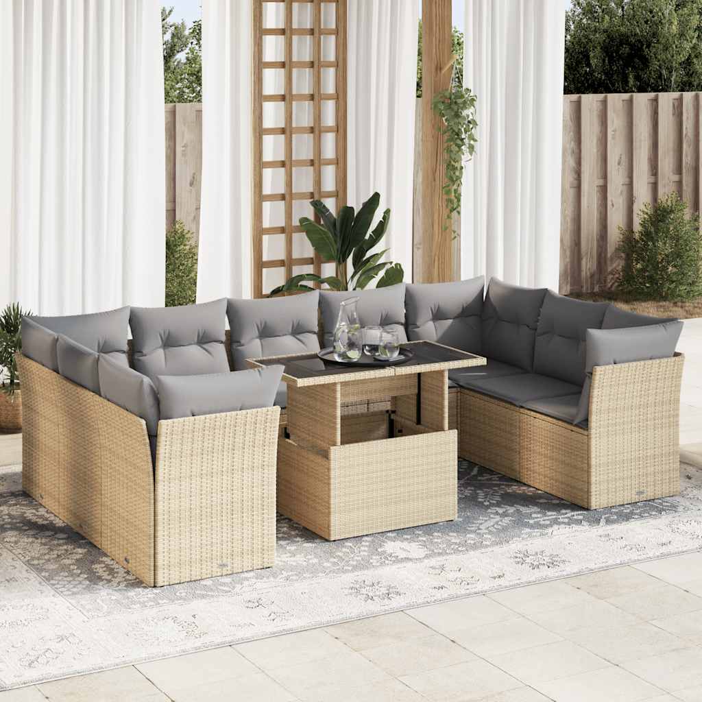 10-tlg. Garten-Sofagarnitur mit Kissen Beige Poly Rattan