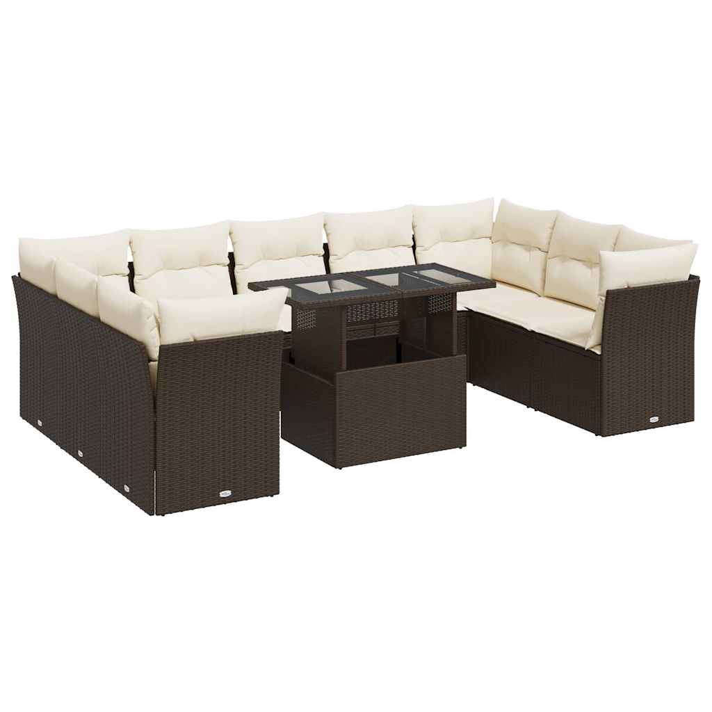 10-tlg. Garten-Sofagarnitur mit Kissen Braun Poly Rattan