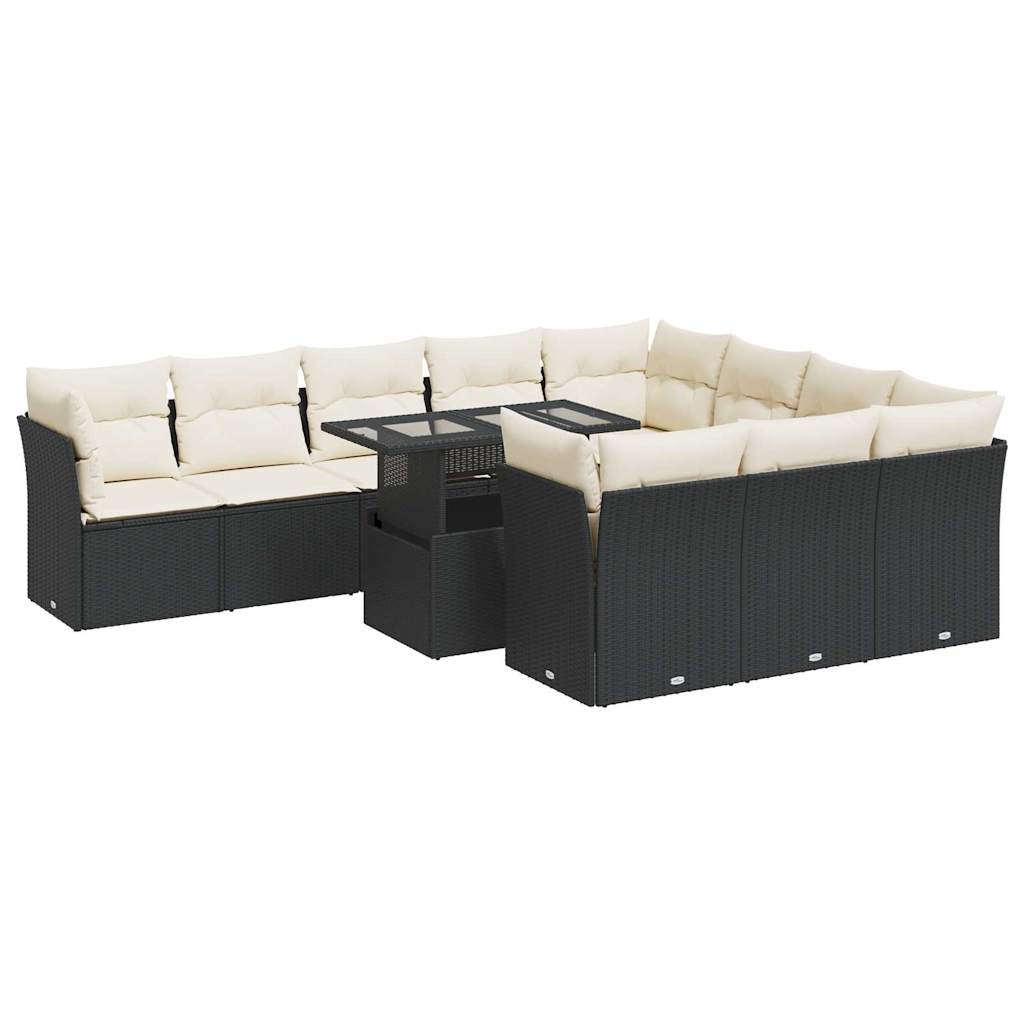 11-tlg. Garten-Sofagarnitur mit Kissen Schwarz Poly Rattan