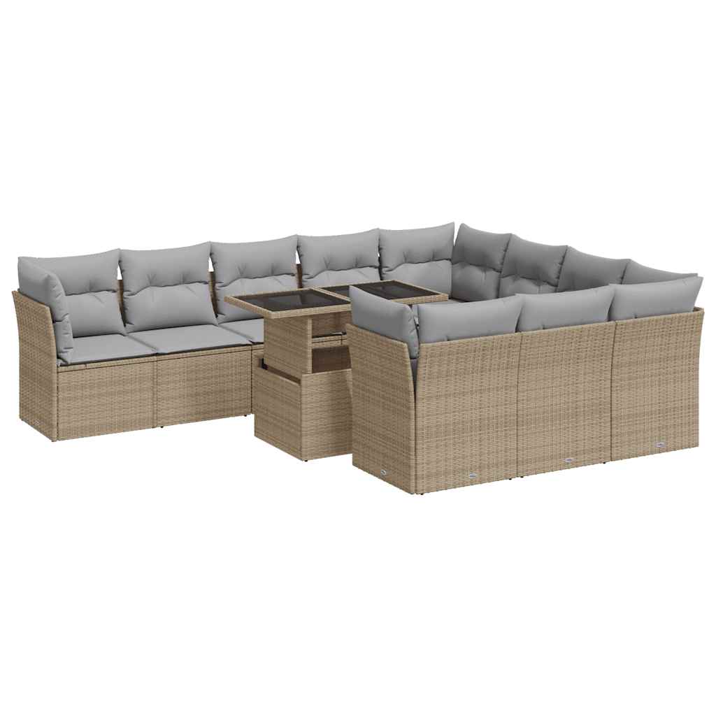 11-tlg. Garten-Sofagarnitur mit Kissen Beige Poly Rattan