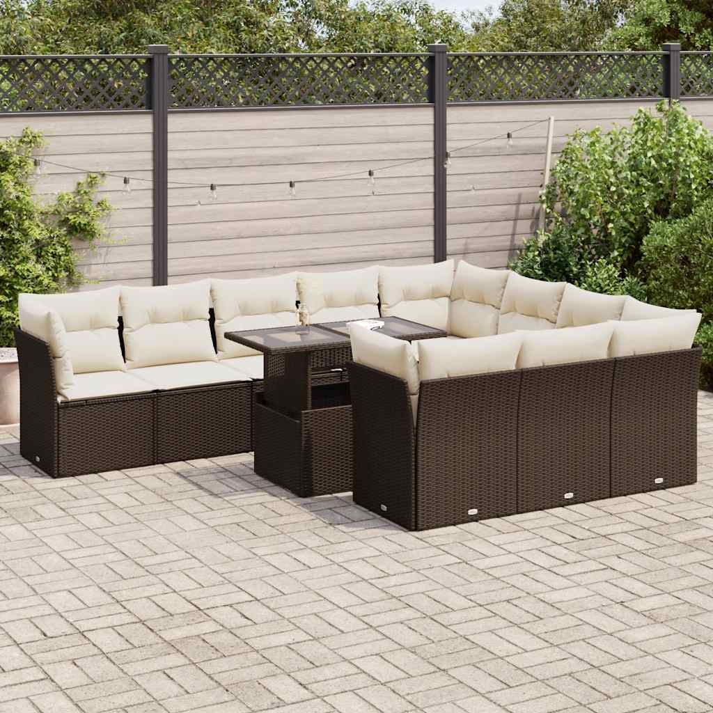 11-tlg. Garten-Sofagarnitur mit Kissen Braun Poly Rattan