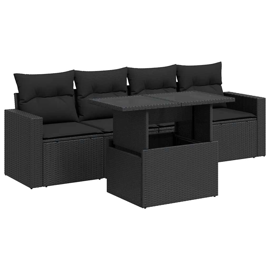 5-tlg. Garten-Sofagarnitur mit Kissen Schwarz Poly Rattan