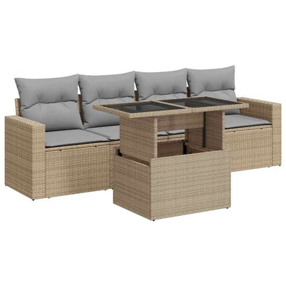 5-tlg. Garten-Sofagarnitur mit Kissen Beige Poly Rattan