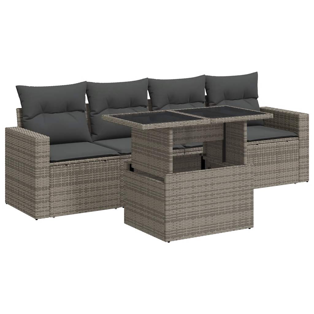 5-tlg. Garten-Sofagarnitur mit Kissen Grau Poly Rattan