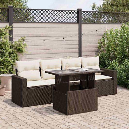 5-tlg. Garten-Sofagarnitur mit Kissen Braun Poly Rattan