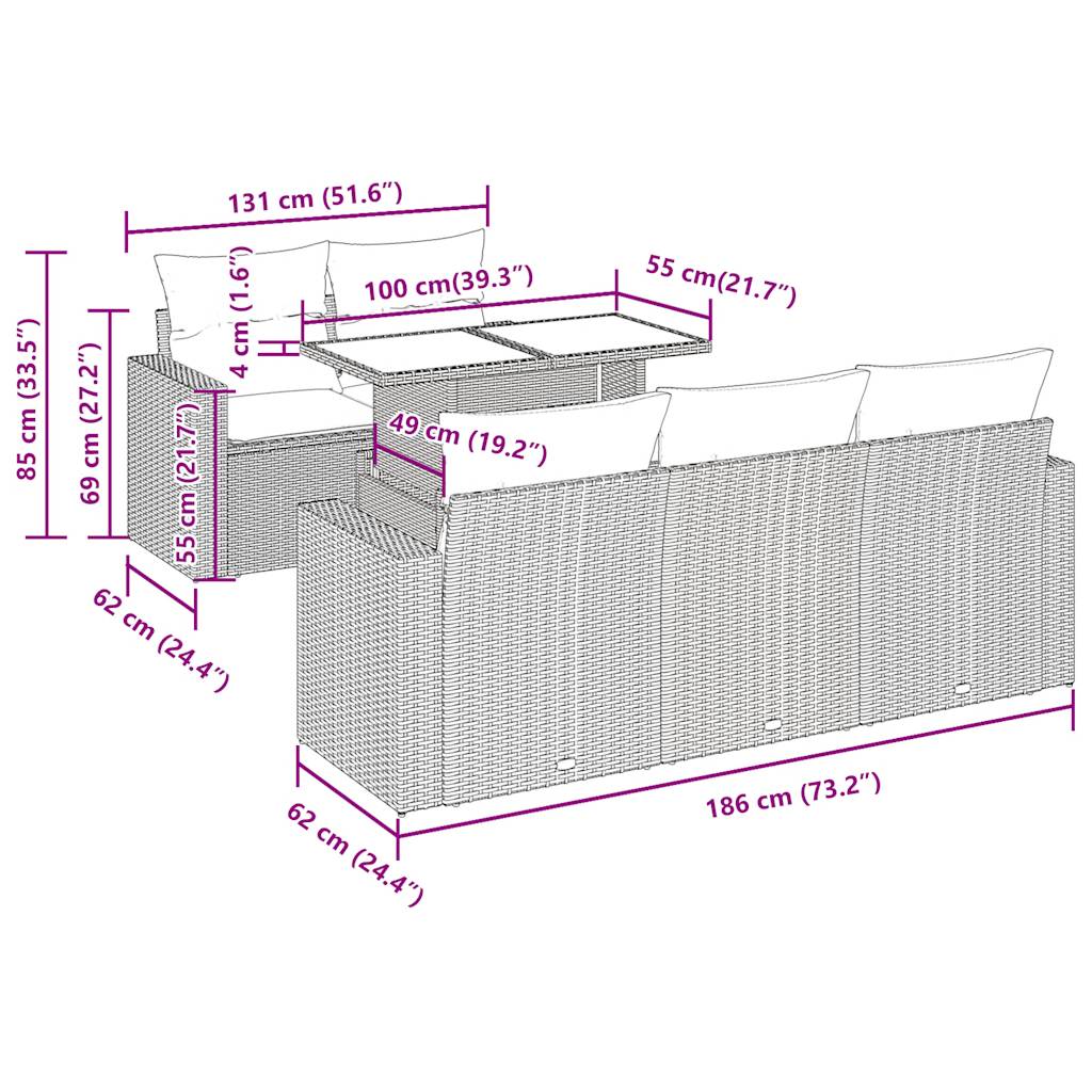 6-tlg. Garten-Sofagarnitur mit Kissen Beige Poly Rattan